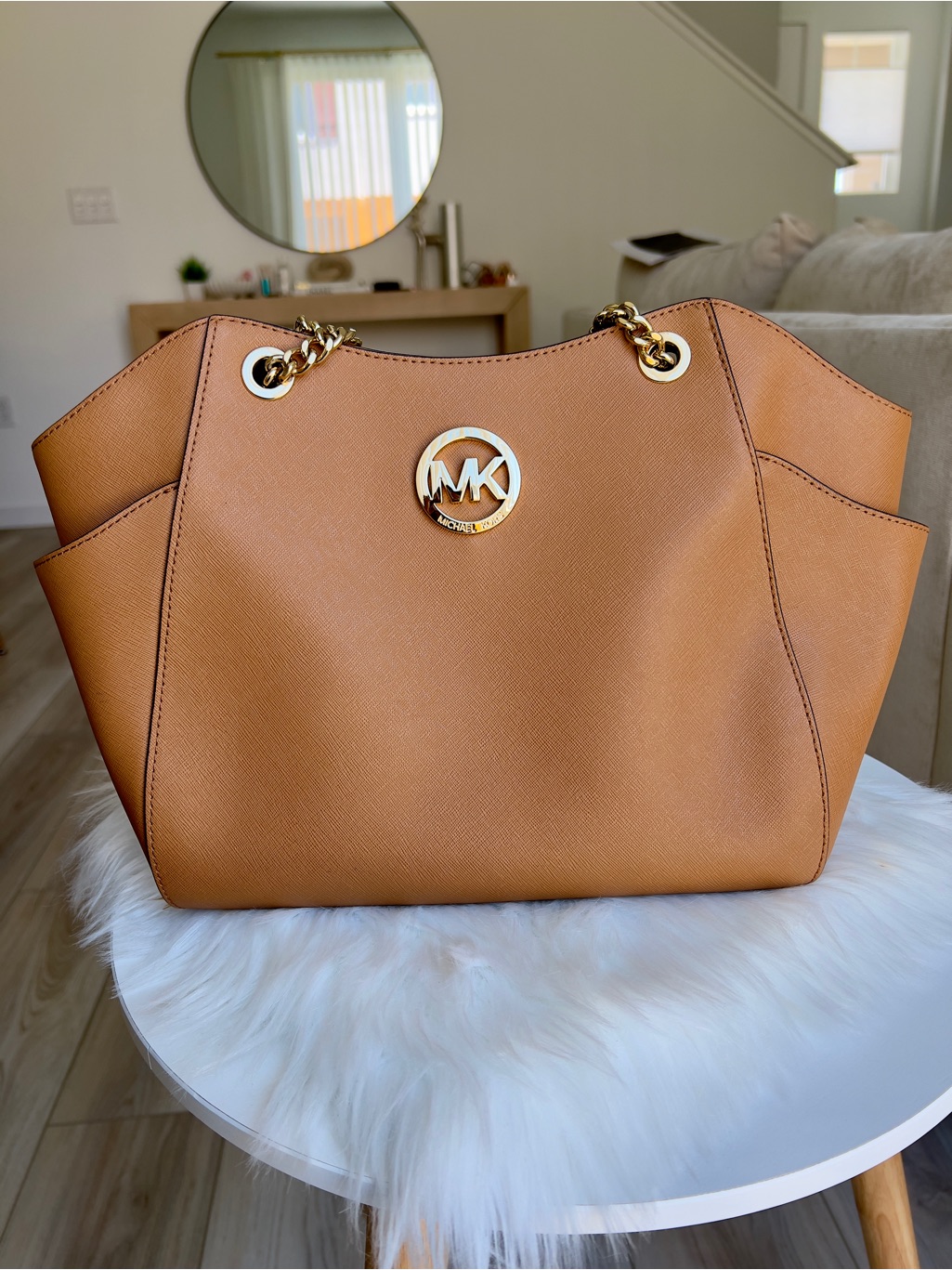 Michael Kors Cognac Saffiano Leather Tote With Gold Mk Logo